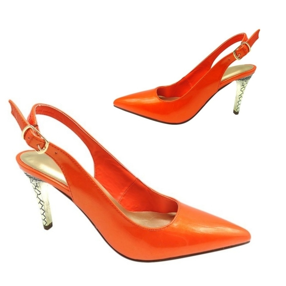 NEW ORANGE PATENT LEATHER DIMAS POINTY TOE SLINGBACK HEEL